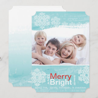 Tarjeta Festiva Aqua Red Snowflake Merry Bright Family Photo Card