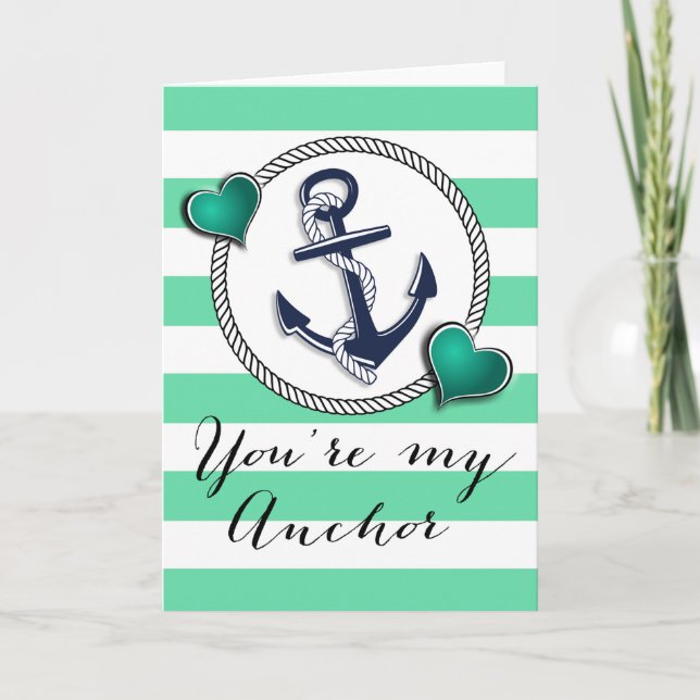 Tarjeta Festiva Aqua Stripes Nautical Anchor Valentine (Anverso)