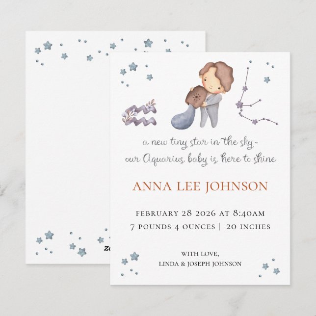 Tarjeta Festiva Aquarius Zodiac Birth Announcement (Anverso / Reverso)