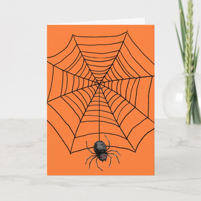 Tarjeta Festiva Araña de Halloween en Naranja (Anverso)