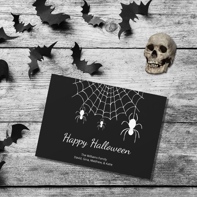 Tarjeta Festiva Arañas góticas Feliz Halloween en blanco y negro (Subido por el creador)