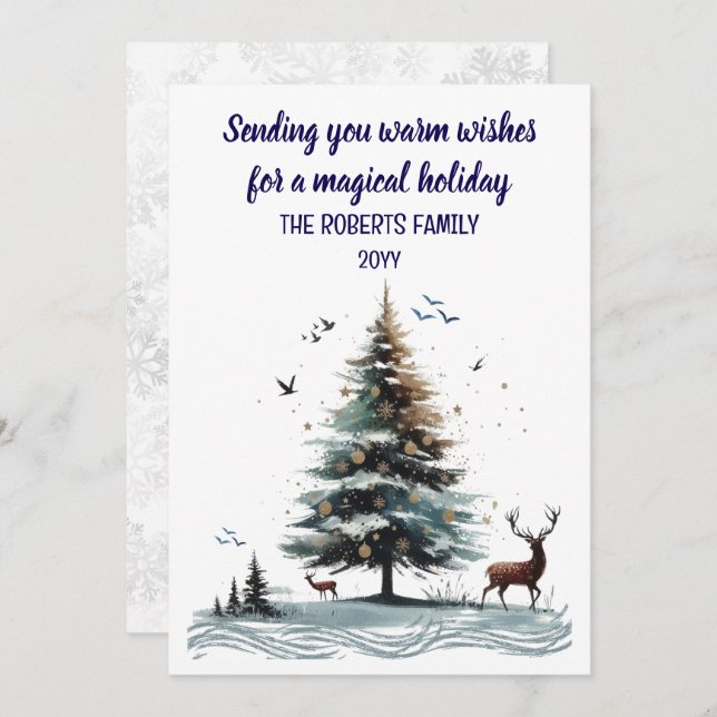 Tarjeta Festiva Árbol abstracto con ciervo en estilo acuarela (Anverso / Reverso)