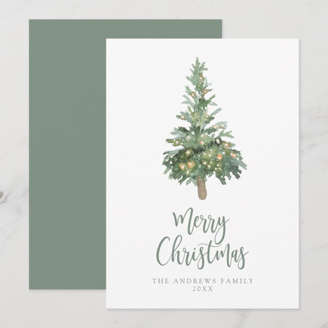 Tarjeta Festiva Árbol acuarela de Navidades verdes Boho no foto (Anverso / Reverso)