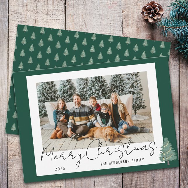 Tarjeta Festiva Árbol acuarela moderna y Navidades de luz foto (Modern whimsical festive tree lights christmas family photo green & white holiday flat card stylish )