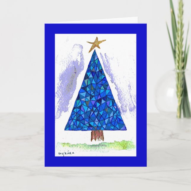 Tarjeta Festiva Árbol azul del día de fiesta del vitral (Anverso)