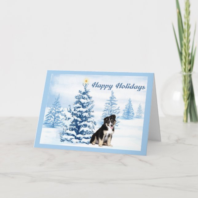 Tarjeta Festiva Árbol azul para Navidades pastores australianos (Anverso)