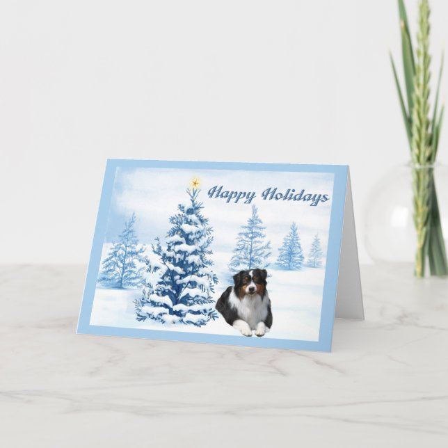 Tarjeta Festiva Árbol azul para Navidades pastores australianos (Anverso)