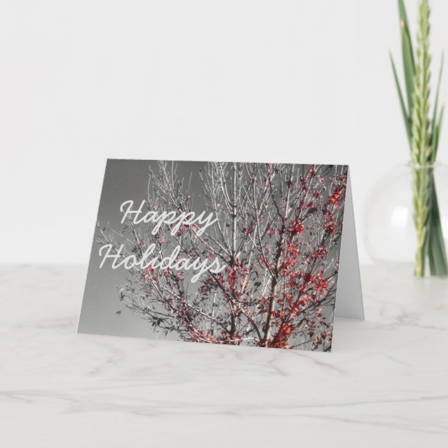 Tarjeta Festiva Árbol con hojas rojas Felices Fiestas (Anverso)