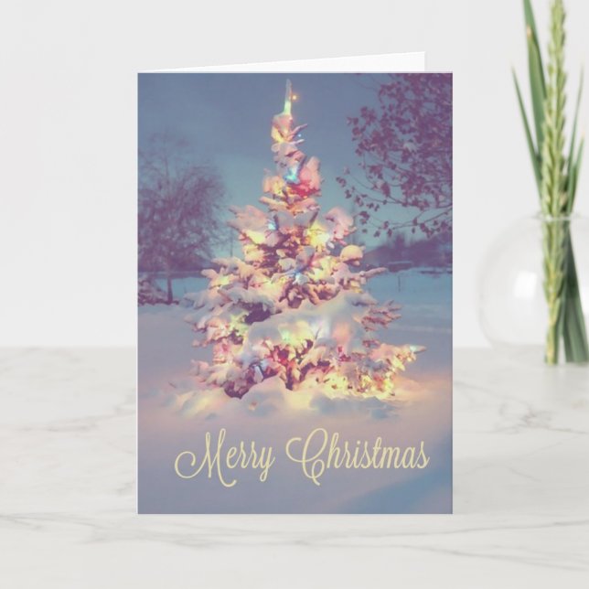 Tarjeta Festiva Árbol cubierto de nieve navideña Feliz (Anverso)