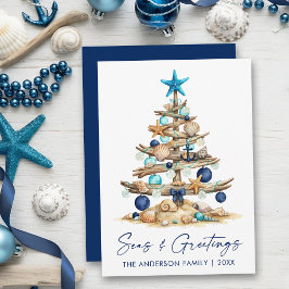 Tarjeta Festiva Árbol de acuarela Costeras Mares y Saludos Azul
