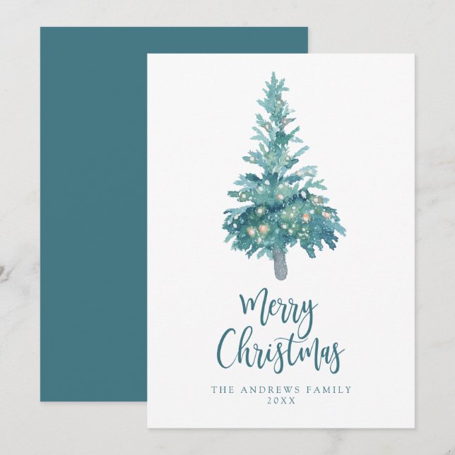 Tarjeta Festiva Árbol de acuarela de Navidades Verde azulados de B (Anverso / Reverso)