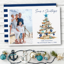 Tarjeta Festiva Árbol de acuarela Mares y saludos Foto Rayada