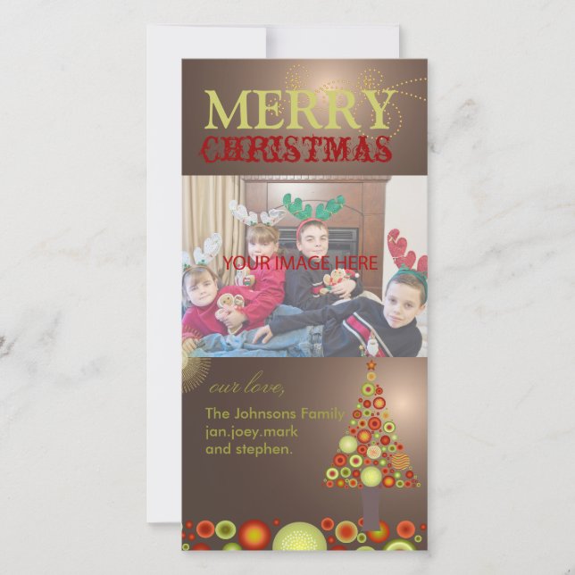 Tarjeta Festiva Árbol de adornos navideños retro PixDezines (Anverso)