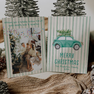 Tarjeta Festiva Árbol de auto de Navidades de mano huida verde vin