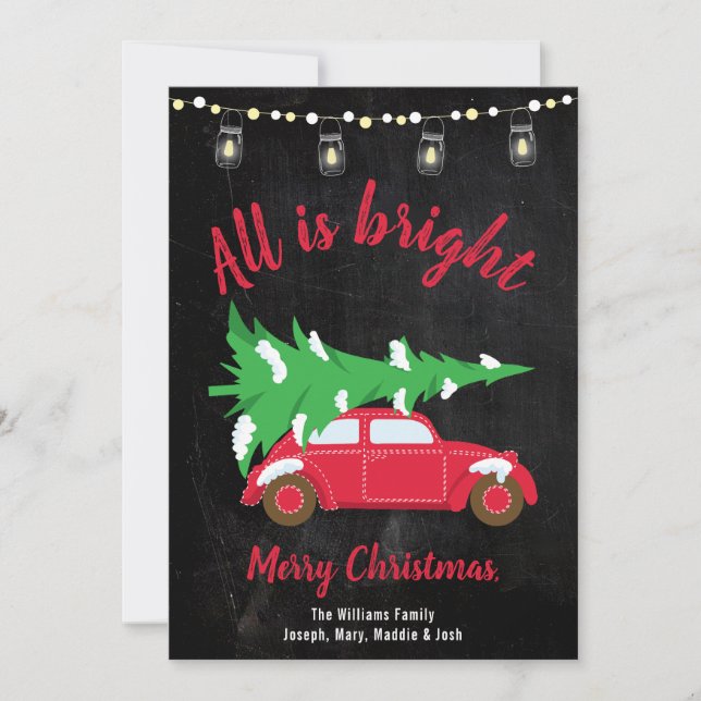 Tarjeta Festiva Árbol de autos Verde azulado retro y luces todo es (Anverso)