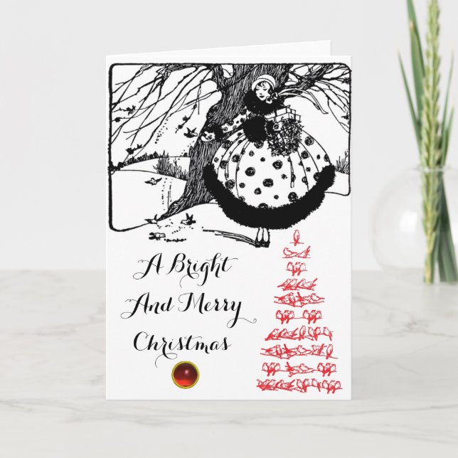 Tarjeta Festiva ÁRBOL DE AVES Y NAVIDADES SEÑORA Gema Rojo Blanco  (Anverso)