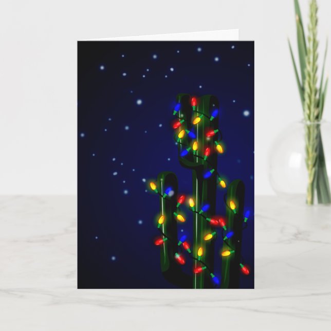 Tarjeta Festiva Árbol de cactus navidades con luces (Anverso)