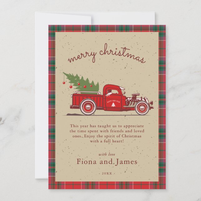 Tarjeta Festiva Árbol de Camiones Rojos Rustic Plaid Kraft Persona (Anverso)