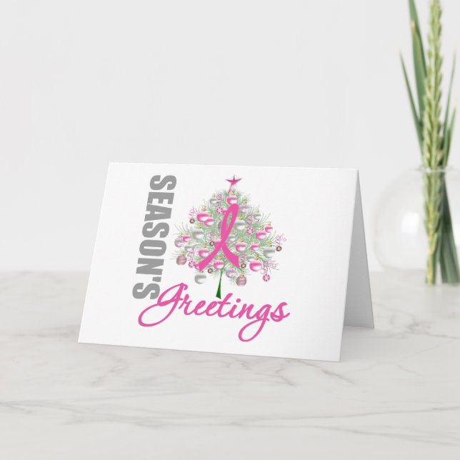 Tarjeta Festiva Árbol de cinta rosada de saludos de temporada (Anverso)