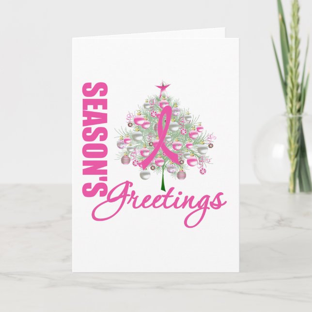 Tarjeta Festiva Árbol de cinta rosada de saludos de temporada (Anverso)