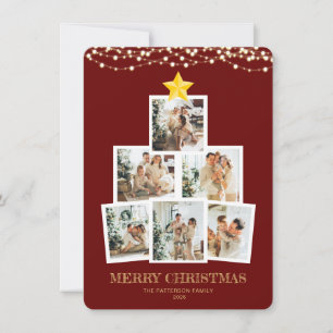 Tarjeta Festiva Árbol de collage fotográfico luces de cuerda roja