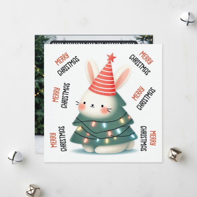 Tarjeta Festiva Árbol de conejito de luces navideñas de Feliz (Anverso/Reverso In Situ)