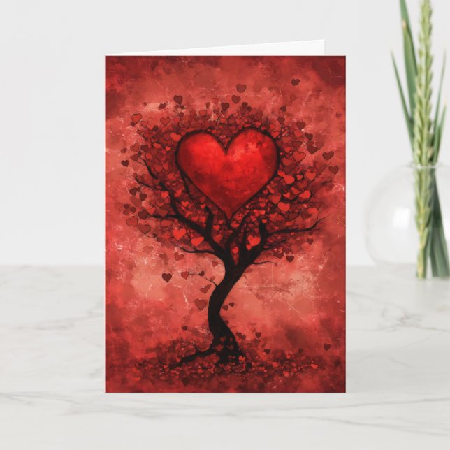 Tarjeta Festiva Árbol de Corazón Rojo (Anverso)