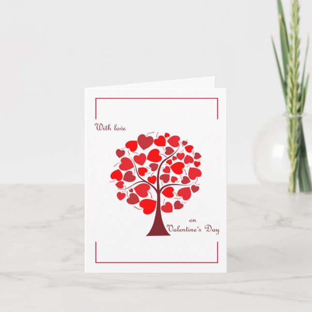 Tarjeta Festiva Árbol de Corazones Rojos de San Valentín (Anverso)