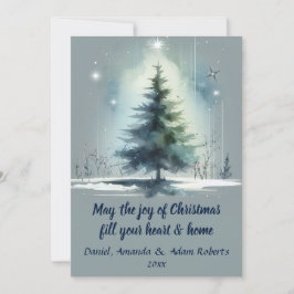 Tarjeta Festiva Árbol de estilo acuarela contra fondo azul medio