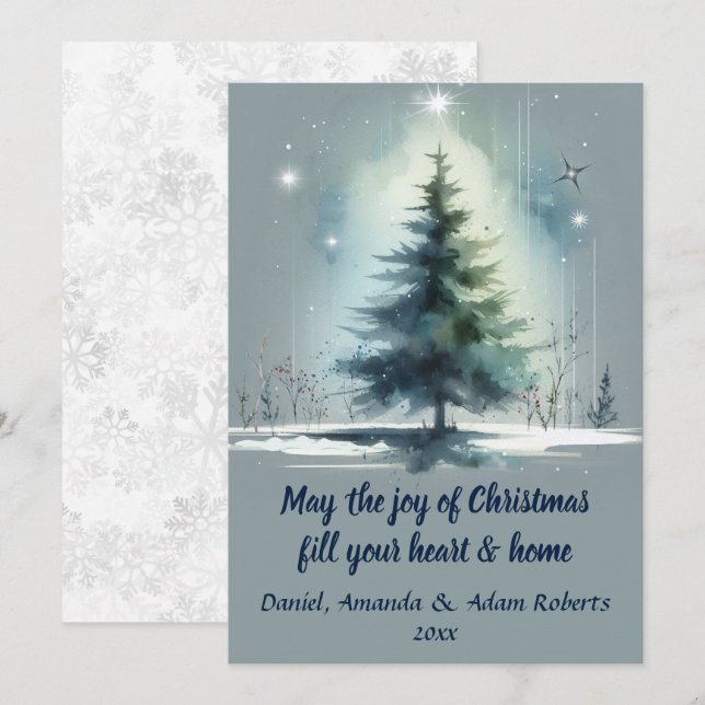 Tarjeta Festiva Árbol de estilo acuarela contra fondo azul medio (Anverso / Reverso)