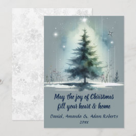 Tarjeta Festiva Árbol de estilo acuarela sobre fondo azul medio