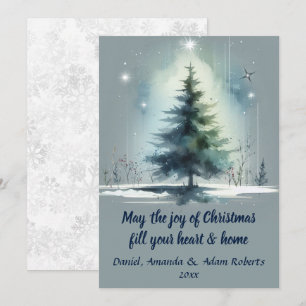 Tarjeta Festiva Árbol de estilo acuarela sobre fondo azul medio