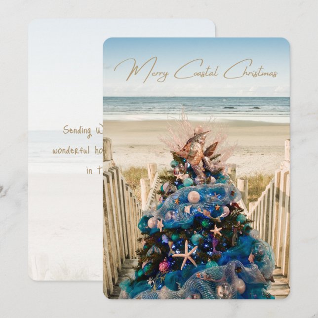 Tarjeta Festiva Árbol de feriados tropical de playa para Navidades (Anverso / Reverso)