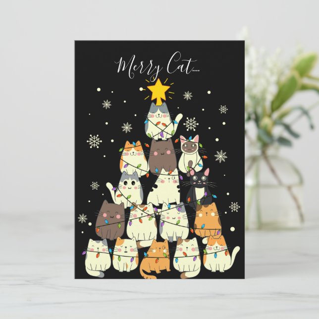 Tarjeta Festiva Árbol de gatos Merry Christmas Cerry Cat-Mas (Anverso de pie)