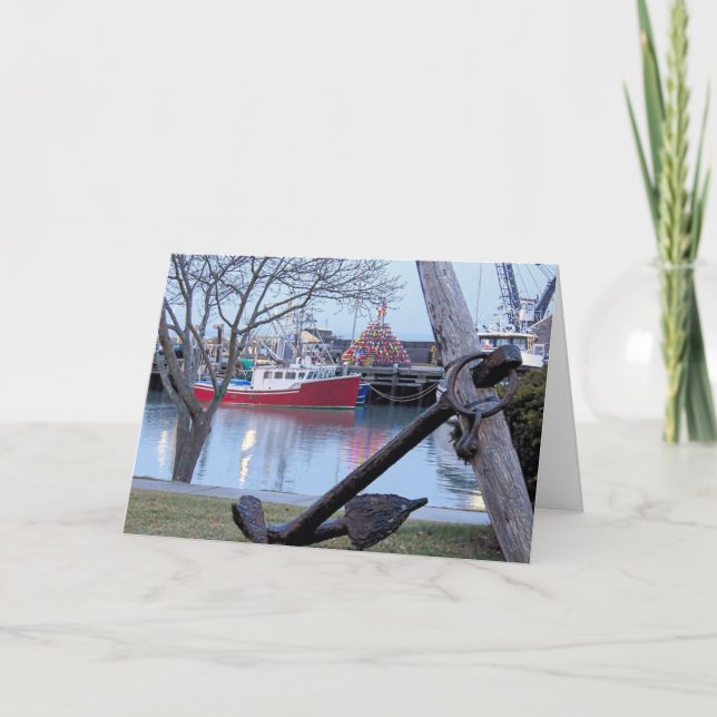 Tarjeta Festiva Árbol de jaulas de langosta iluminado Plymouth MA (Anverso)