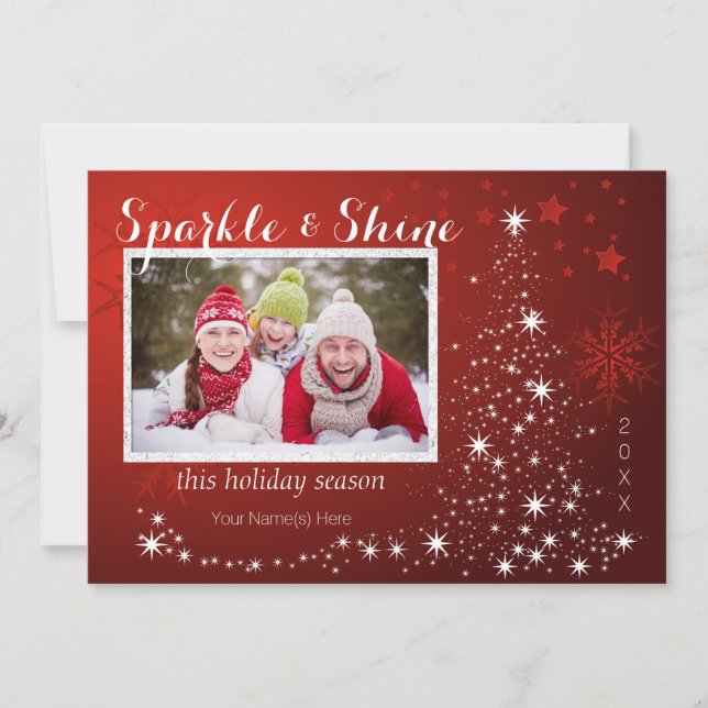 Tarjeta Festiva Árbol de luces blancas con cuatro fotos (Anverso)