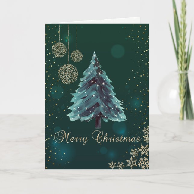 Tarjeta Festiva Árbol de Navidad, bolas, copas de nieve, vacacione (Anverso)