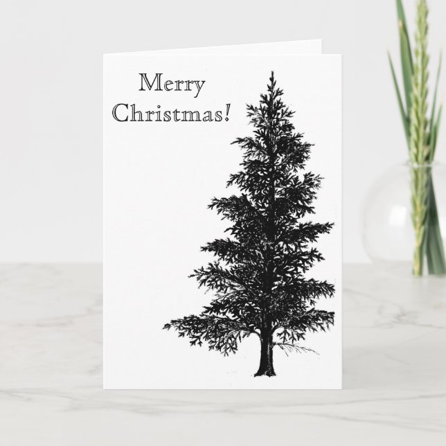 Tarjeta Festiva Árbol de navidad, dibujo blanco y negro (Anverso)