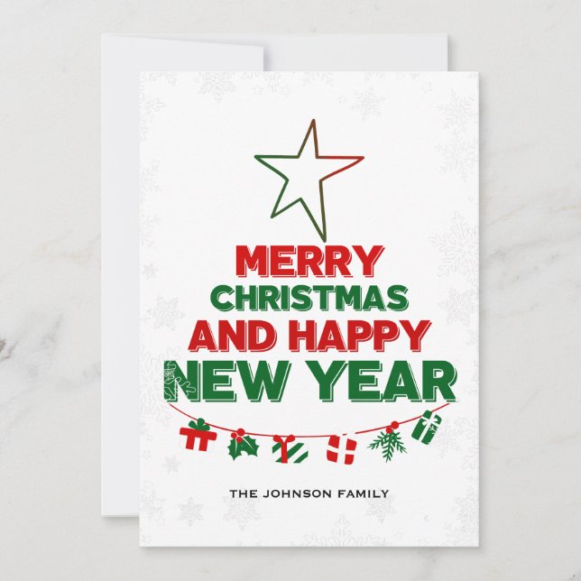 Tarjeta Festiva Árbol de Navidad, Feliz Año Nuevo, palabras, estre (Anverso)