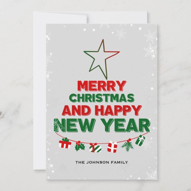 Tarjeta Festiva Árbol de Navidad, Feliz Año Nuevo, palabras, estre (Anverso)
