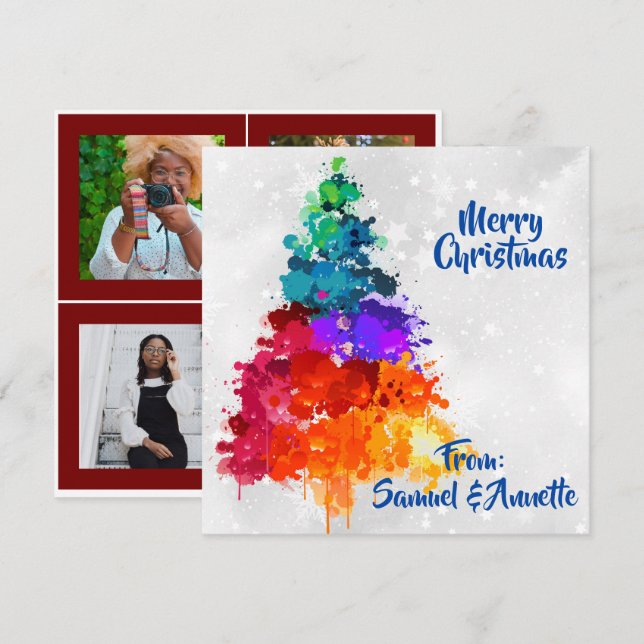 Tarjeta Festiva Árbol de Navidad, pintura salpicada, fondo fotográ (Anverso / Reverso)