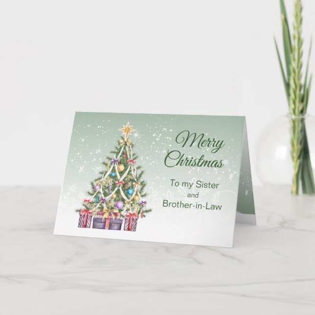 Tarjeta Festiva Árbol de Navidad, regalos, hermana y cuñado (Anverso)