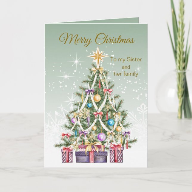 Tarjeta Festiva Árbol de Navidad, regalos, hermana y su familia (Anverso)