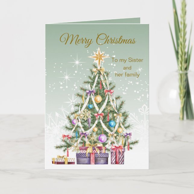 Tarjeta Festiva Árbol de Navidad, regalos, hermana y su familia (Anverso)