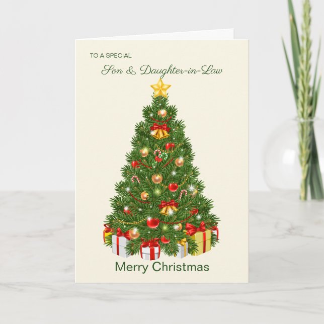 Tarjeta Festiva Árbol de Navidad, regalos, hijo y cuñada (Anverso)