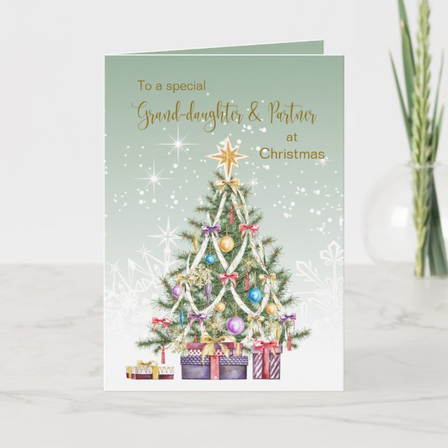 Tarjeta Festiva Árbol de Navidad, regalos, nieta y pareja (Anverso)