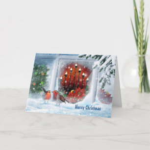 Tarjeta Festiva Árbol de Navidad, velas, poinsettia y roble rojo