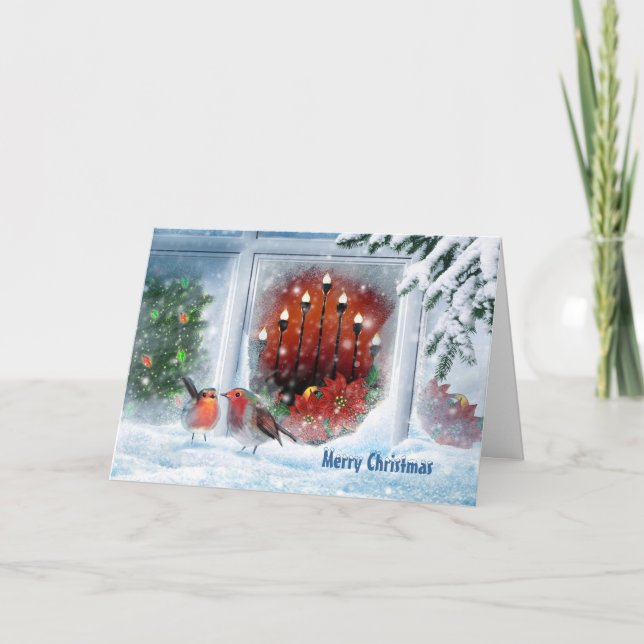 Tarjeta Festiva Árbol de Navidad, velas, poinsettia y roble rojo (Anverso)