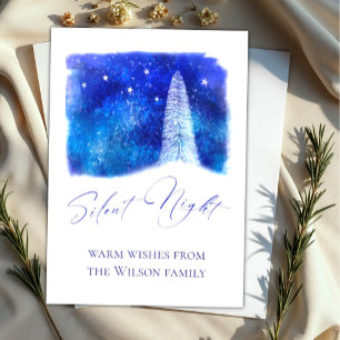 Tarjeta Festiva Árbol de nieve de Noche Silenciosa azul y blanco n