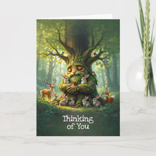 Tarjeta Festiva Árbol de padre caprichoso con criaturas de bosques (Anverso)